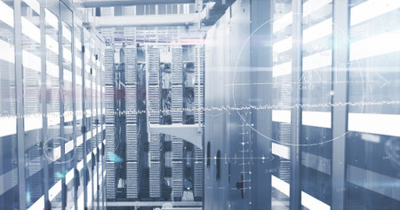 Glowing server rack columns displaying AR waveforms in data center corridor, with cable bundles....