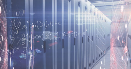 Server cabinets lining data center hall, projecting digital overlay of equations and network nodes....