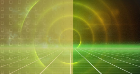 Featuring abstract grid in cyberspace, with concentric light rings and square outline pattern. Futuristic, digital, depth, technological, vibrant, immersive, geometricの写真素材