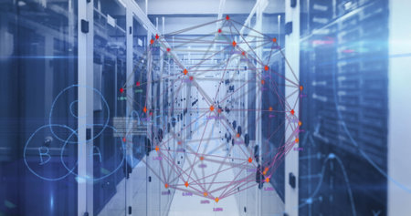 3D network graph overlay hovering above server corridor, with cabinets, cables and indicator lights....