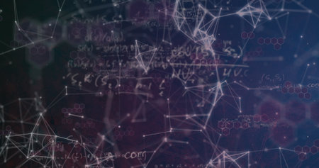 Displaying glowing nodes pulsing on connecting lines in data space, with equations, code, hexagons....