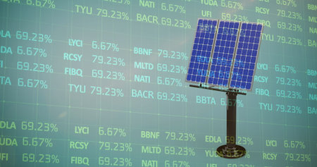 Showing freestanding solar panel in digital grid space, with stock ticker percentages, copy space. Renewable, technology, innovation, digital, futures, energy, modernの写真素材