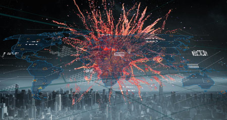 Radiating red particles spreading across night city skyline, with holographic world map and nodes....