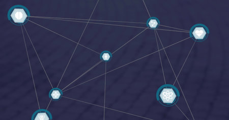 Displaying network extending on purple grid with hexagon science, health and navigation icons. Technology, innovation, connectivity, data visualization, digital, futuristic, cybersecurityの写真素材