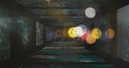 Floating dot-matrix globe hovering in futuristic data tunnel, translucent screens, network icons. Technology, innovation, cyberspace, connectivity, digital, abstract, immersiveの写真素材