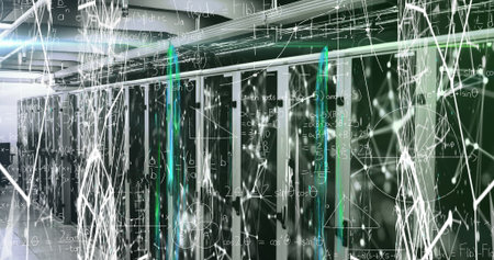 Displaying centered server cabinets illuminating status LEDs in server room aisle, network overlays....