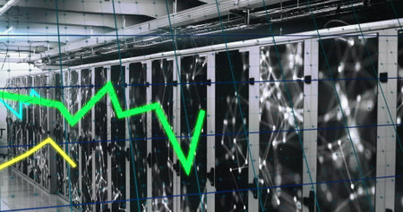 Image of geometric and rotating in green space. Global digital interface technology and networking...