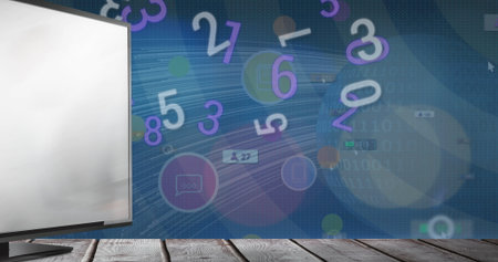 Displaying monitor resting on wooden surface in workspace, data trails numbers icons, copy space....