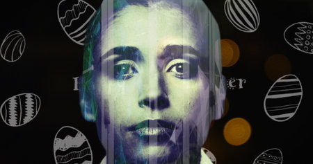 Displaying stylized female face glowing over dark digital art, with glitch bars and Easter motifs....