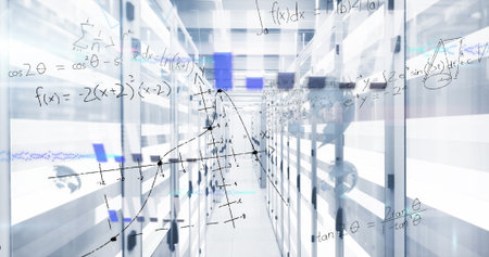 Displaying server racks lining data center aisle with LED panels, floating math and graph overlays....