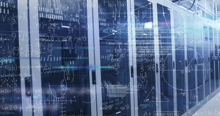 Showing central server racks displaying blinking LEDs in data center, with equation overlays....