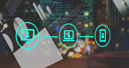 Showing turquoise icons linking monitor laptop smartphone in virtual network, with code and lights. Technology, connectivity, network, digital, communication, data, abstractの写真素材