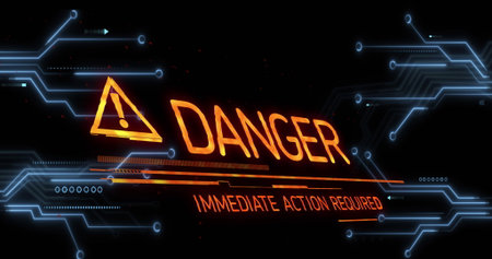 Showing orange caution on screen, glowing DANGER IMMEDIATE ACTION REQUIRED neon-blue circuitry....