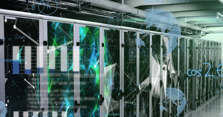 Presenting server racks showing LED lights in data center corridor, with cable trays and holograms....