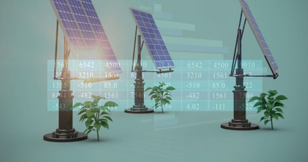 Tracking three solar panels rotating on motorized mounts in studio, with plants and data overlay....