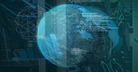 Projecting transparent digital Earth globe rotating above data center racks, with wireframe spheres....