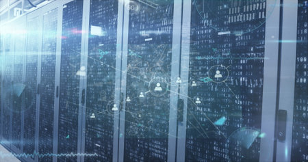 Displaying glass server cabinets projecting binary code and network icons with LEDs in server room....