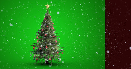 Shining decorated Christmas tree in studio with gold star topper, lights and falling snowflakes. Festive, holiday, decoration, illumination, seasonal, tradition, celebrationの写真素材