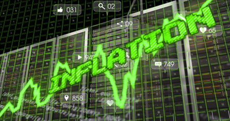 Bright green zigzag inflation line forming INFLATION on dark server grid overlay, with social icons....