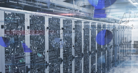 Displaying server cabinets glowing LED lights in data center, with reflective floor and cable trays....