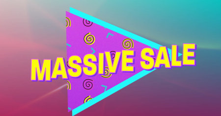 Showing teal-outlined purple triangle banner on gradient backdrop, with 3D sale text and lens flare. Vibrant, dynamic, geometric, modern, promotional, abstract, colorfulの写真素材