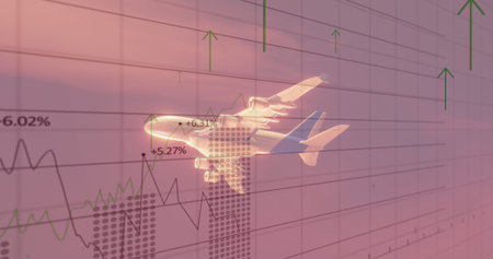 Hovering translucent airplane overlaying chart grid, with line graphs, bars, arrows and percentages. Aviation, finance, data visualization, growth, investment, technology, analyticsの写真素材