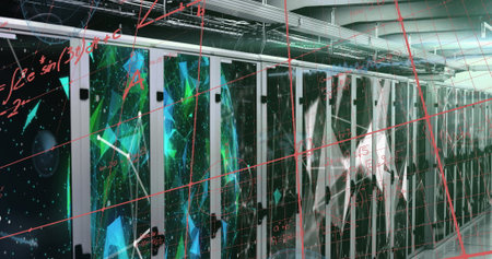 Displaying server rack cabinets glowing green in server room, with cable trays, floating red grid....
