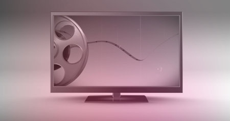 Flat-screen monitor displaying metallic film reel and filmstrip in studio with gradient backdrop....