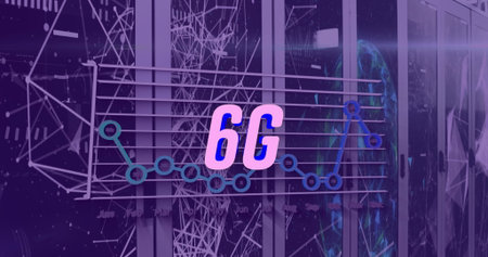 Displaying 6G graphic over line chart in data center aisle, with server racks, network visuals....