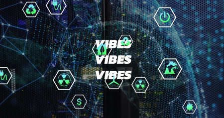 Displaying bold VIBES text repeating over data center, with hexagonal green and white energy icons....
