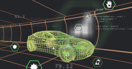 Displaying green wireframe sedan rotating inside orange grid chamber, with floating hexagon icons. Futuristic, technology, virtual, digital, innovation, engineering, cyberの写真素材
