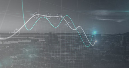 Projecting grid overlay with teal white trend lines and data markers over harbor cityscape at dusk....