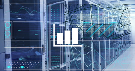 Displaying server racks projecting AR data overlays in data center, with bar chart and network map....