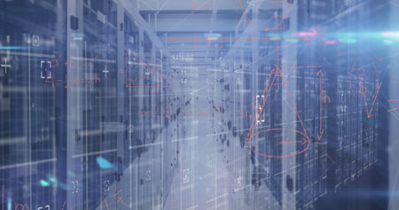 Featuring server room aisle running between server racks, with blue LEDs and floating graphics....