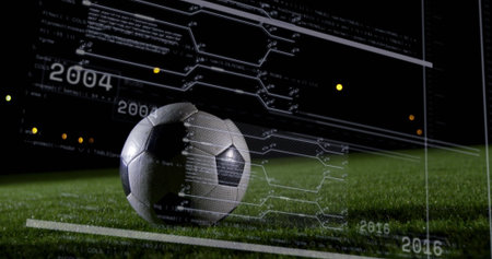 Resting soccer ball displaying digital data overlay on grass turf at night, with code metrics. Sports equipment, digital analytics, high contrast, futuristic, outdoor lighting, data visualization, performance metricsの写真素材