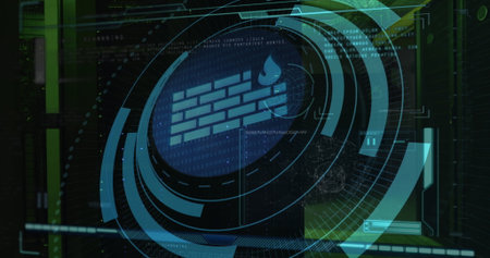 Image of wall icon and data processing over server room. Global business and digital interface concept digitally generated image.の写真素材