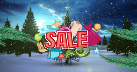 Showing promo with red SALE text in pine glade with dress, handbag, stars, ribbon, Christmas tree. Winter, holiday, celebration, marketing, seasonal, festive, luxuryの写真素材