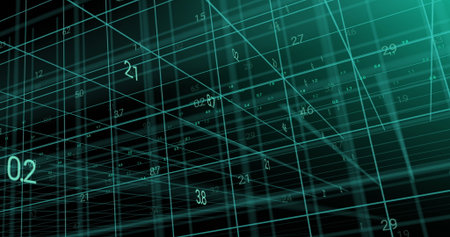 Rendering intersecting teal grid lines floating in dark virtual data space, with numeric labels. Futuristic, technology, visualization, digital, abstract, network, innovationの写真素材