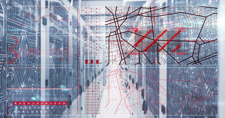 Showing server rack corridor extending into data center, with digital map overlay and red pathways....