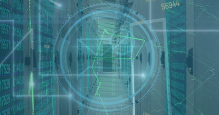 Projecting circular hologram streaming data in server rack corridor, blinking indicator lights....