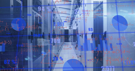 Revealing data center aisle featuring lit server racks, cables, vents, floating analytics overlays....