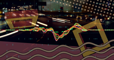 Displaying neon line graph undulating over dark road, showing numeric labels, 3D shapes, wavy bands. Technology, data visualization, motion design, urban landscape, futuristic, digital analytics, night sceneの写真素材