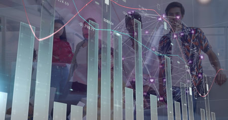 Six professionals studying 3D bar charts and line graphs in glass walled room, with digital display. Business, teamwork, collaboration, analytics, modern, data, innovationの写真素材