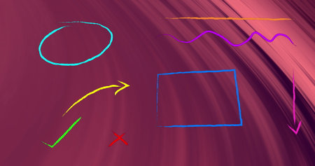 Displaying colorful shapes on maroon swirl, cyan oval, arrows, check mark, X, rectangle and lines. Abstract, vibrant, vector, symbolism, design, composition, modernの写真素材