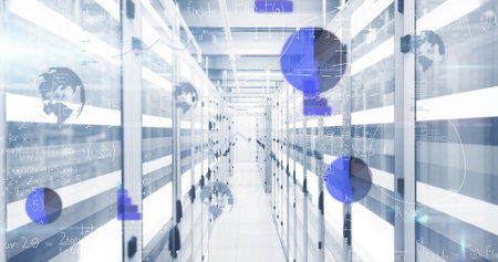 Showing data center corridor featuring floating data nodes, with server racks and network cables....