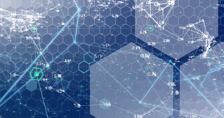 Visualizing network graphic pulsating on abstract digital interface, with hexagonal grid pattern....