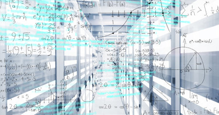 Server rack corridor glowing in data center, displaying network switches, equations and graphs....