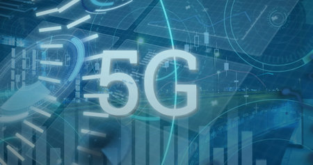 Image of 5g text banner, round scanners and data processing against night city traffic. Global...