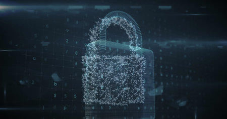 Glowing holographic padlock floating in code matrix, with alphanumeric characters and grid lines....