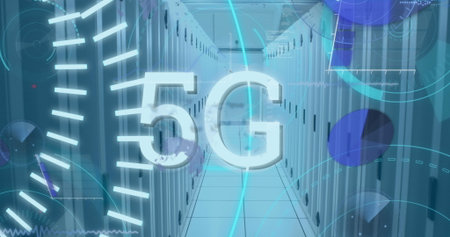 Image of 5g text banner, round scanners and data processing against computer server room. Global...